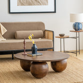 Living room with a brown sofa, wooden coffee table, and side table.